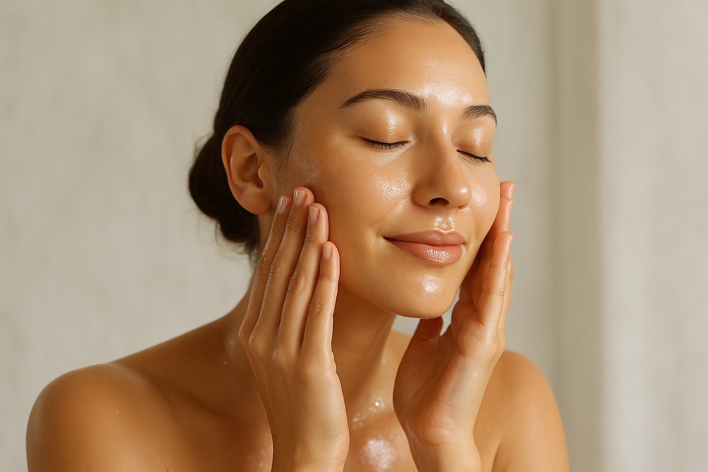 en bild på en kvinna som tvättar ansiktet med en rengöringsolja, fräch ren hud