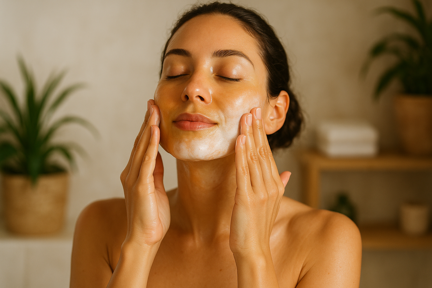 en bild på en kvinna som rengör ansiktet med en oil to milk rengöring