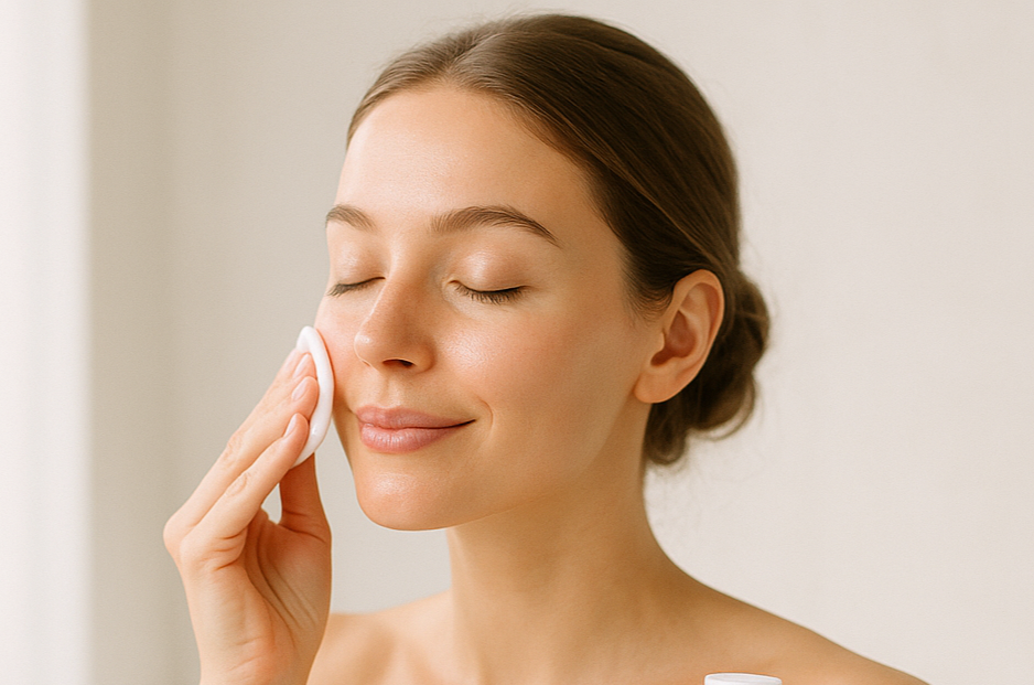 en kvinna som använder ansiktvatten, drar en fuktad bomullspad i ansiktet
