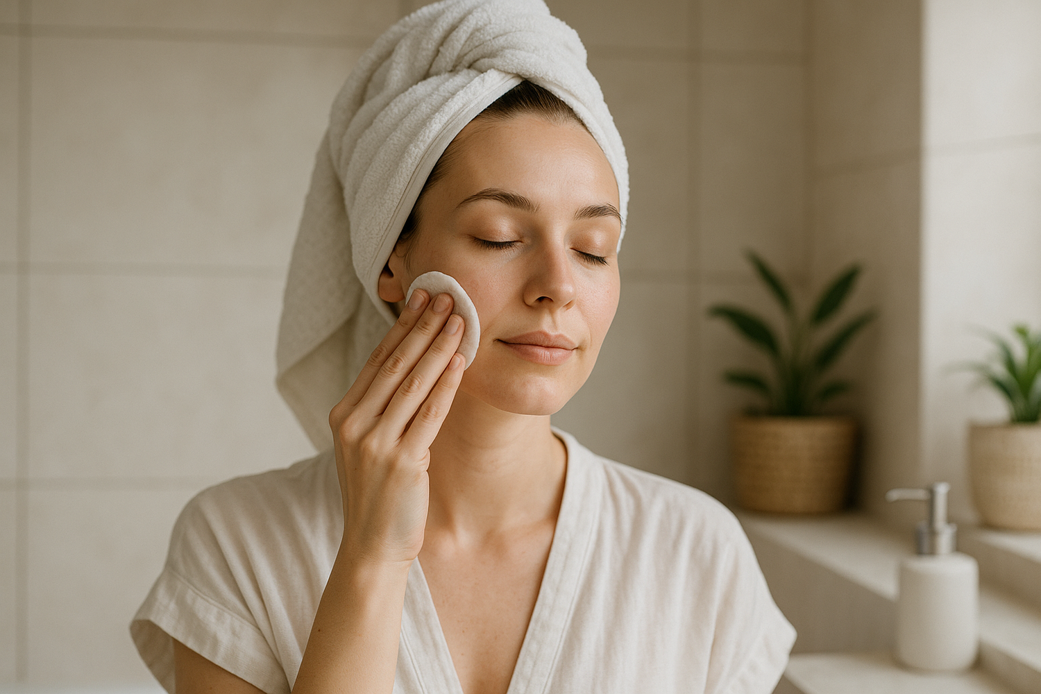 en kvinna som drar en fuktad bomullspad över ansiktet