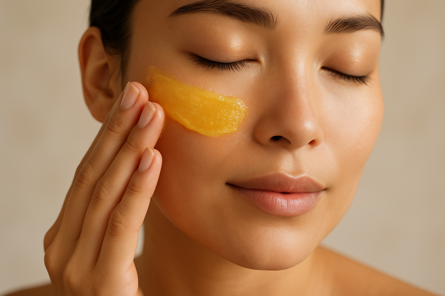 ett ansikte som smörjer sin hy med en gul salva