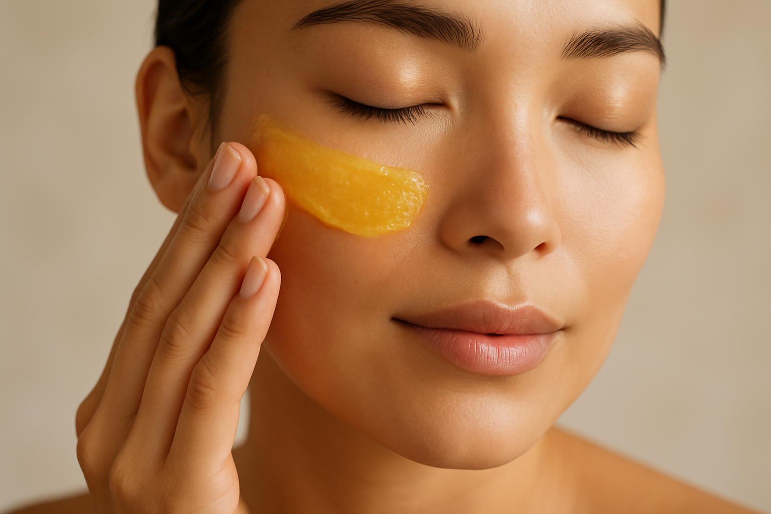 ett ansikte som smörjer sin hy med en gul salva