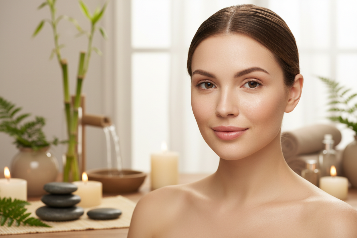 generera en bild på en vacker kvinna som är naturigt vacker. Baggreunden ska inge en spa känsla och ska passa ihop med reserande bilder på hemsdian