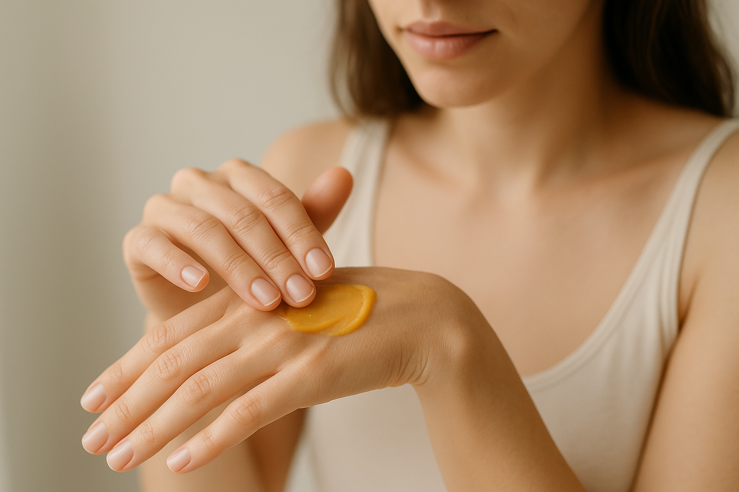 kvinna som smörjer sig en gul salva, man ser inte burken