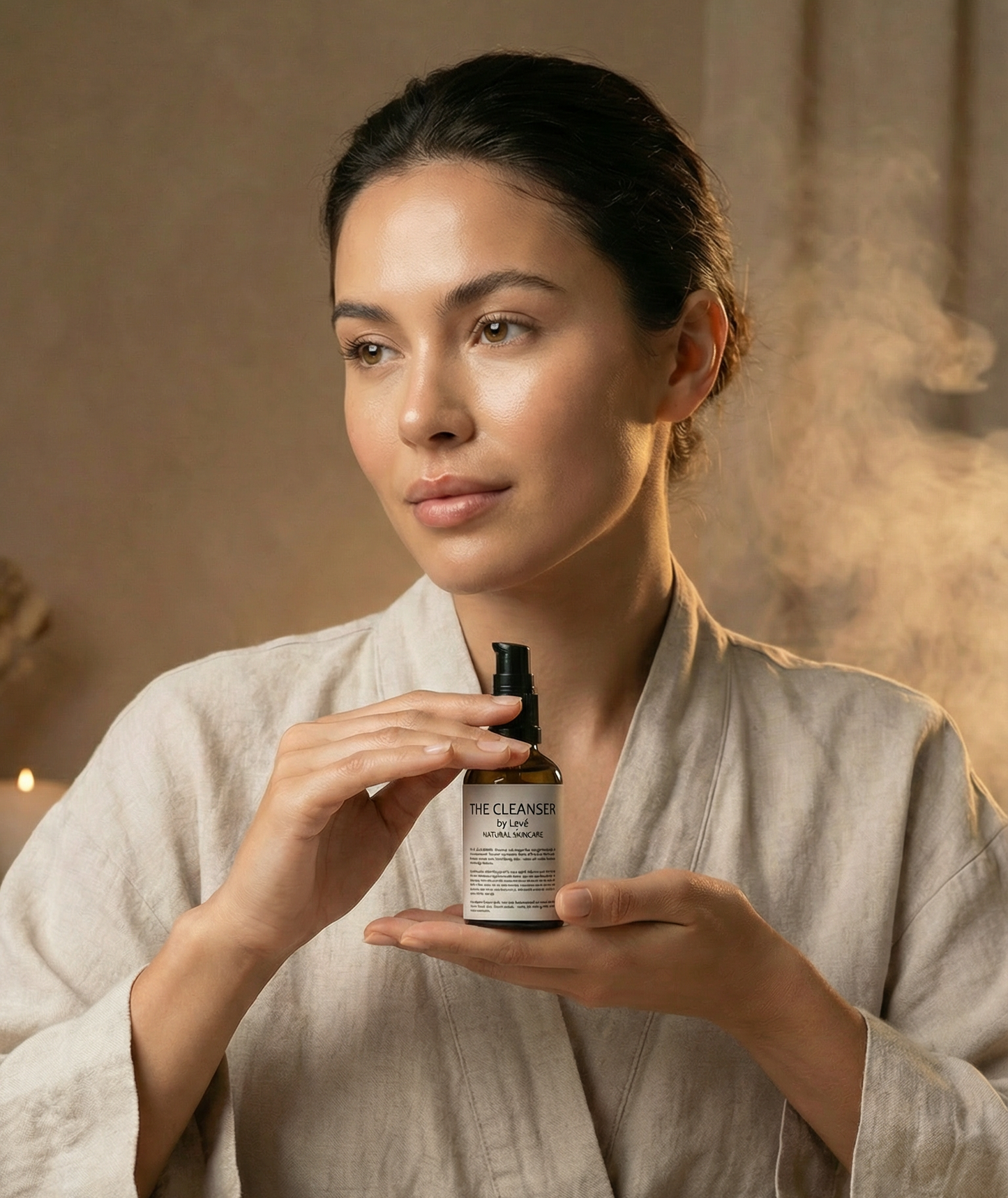 Kvinna med känslig hud håller THE CLEANSER – mild naturlig rengöringsolja