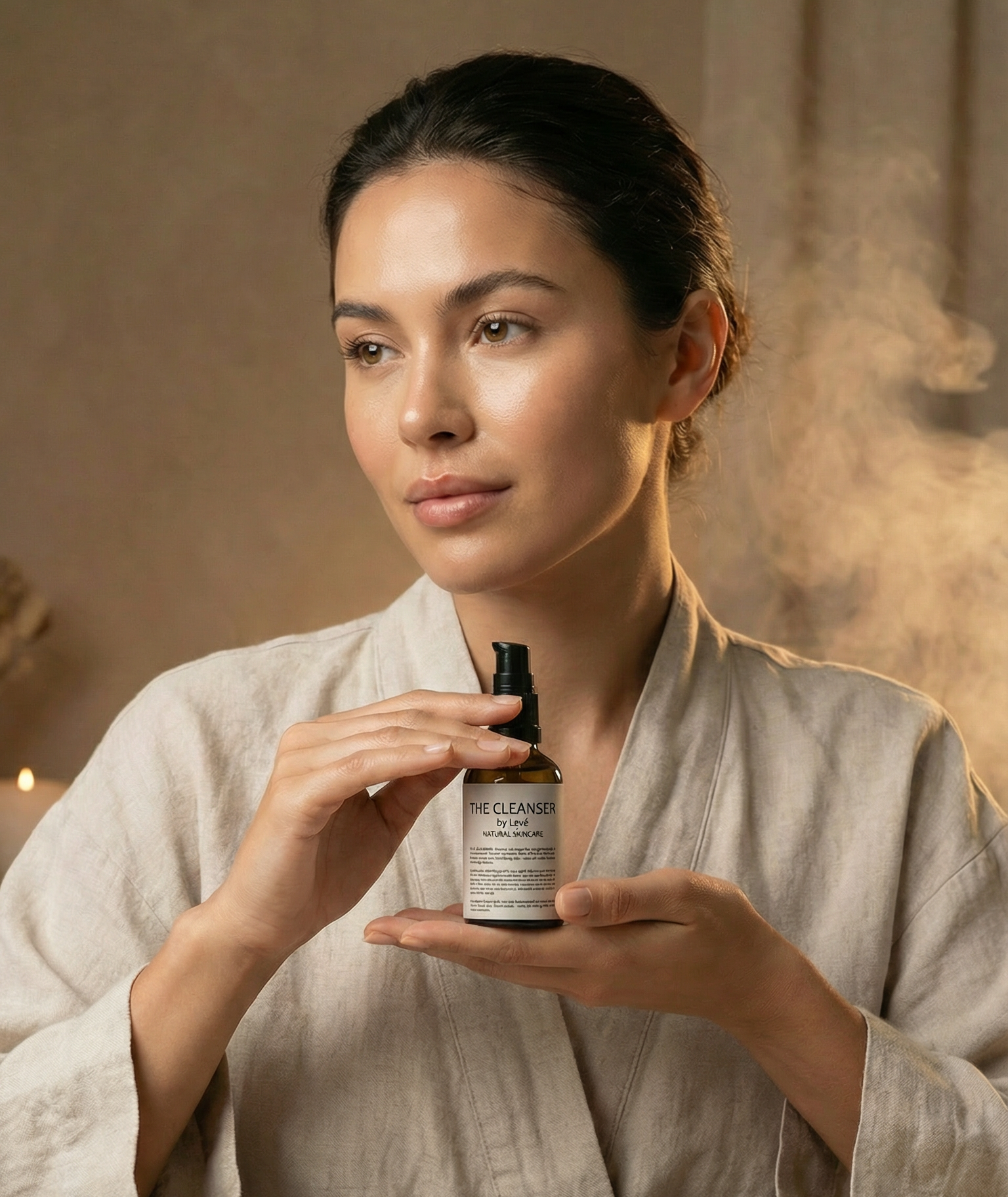 Kvinna med känslig hud håller THE CLEANSER – mild naturlig rengöringsolja